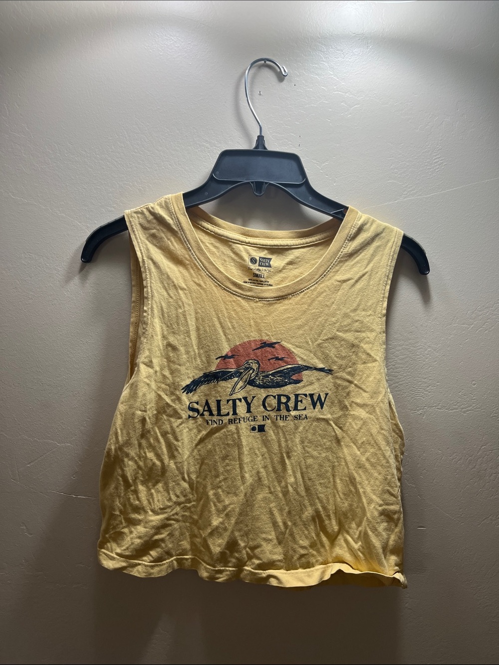 Salty Crew Yellow Graphic Crop Tank with Pelican Sunset